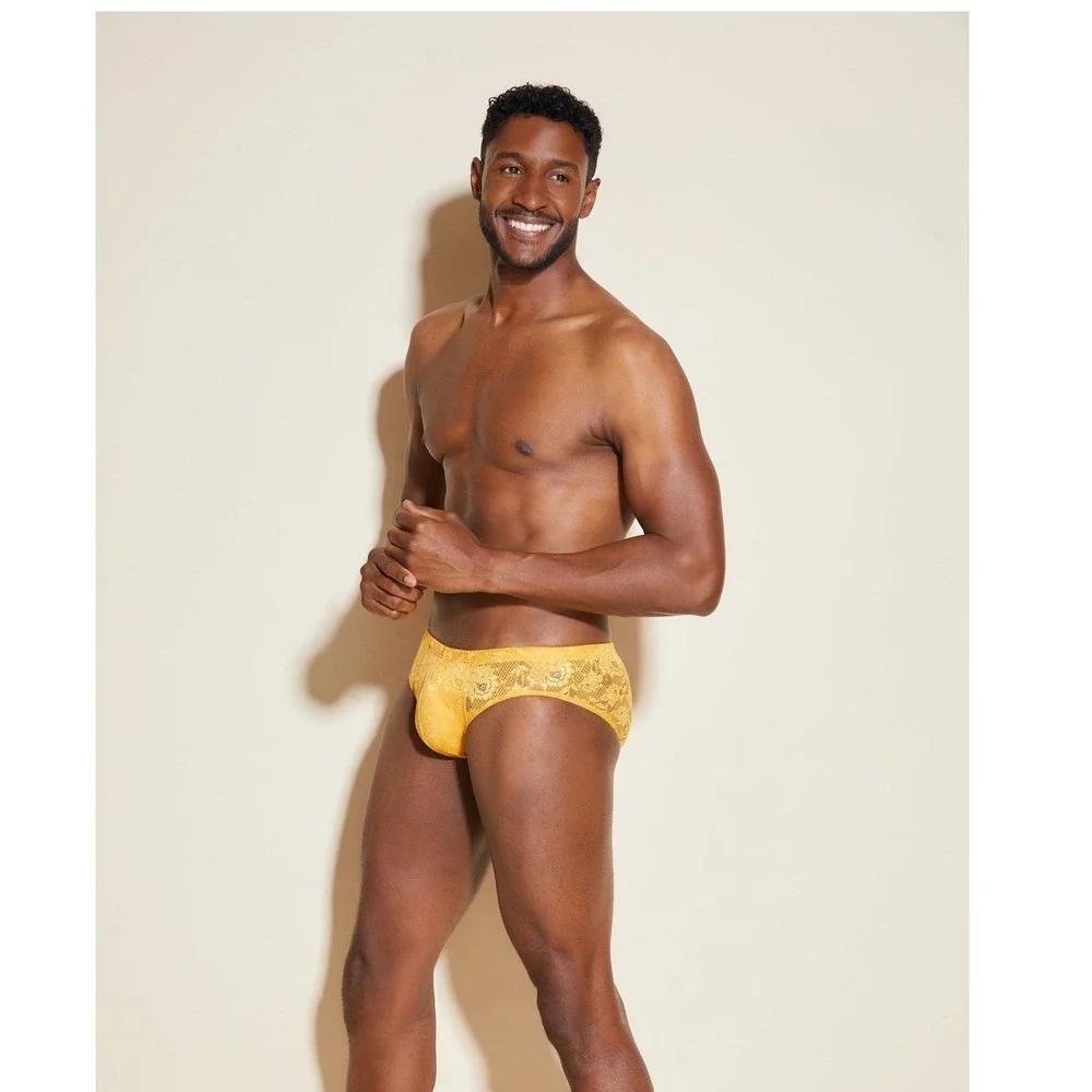 Cosabella Mens‎ Mustard Yellow Floral Lace Briefs Intimate Underwear Sheer